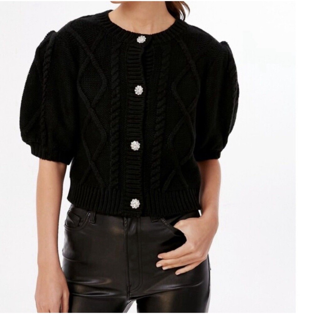 Hyacinth House Victoria Puff Sleeve Sweater Cardigan Top Black Fancy Buttons XS